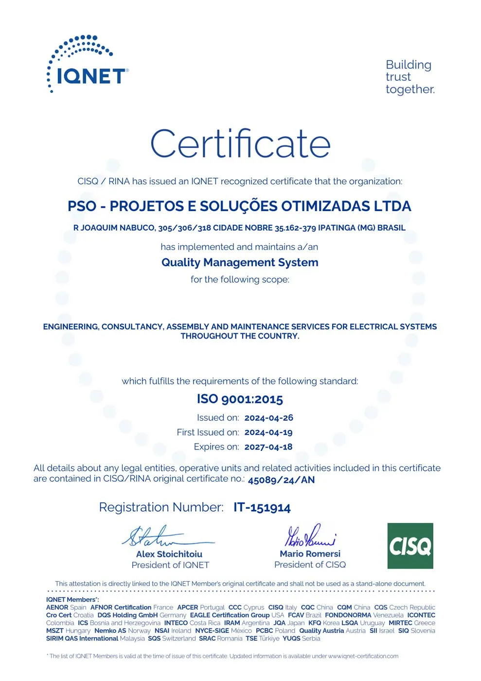 Certificado IQNET — ISO 9001:2015
