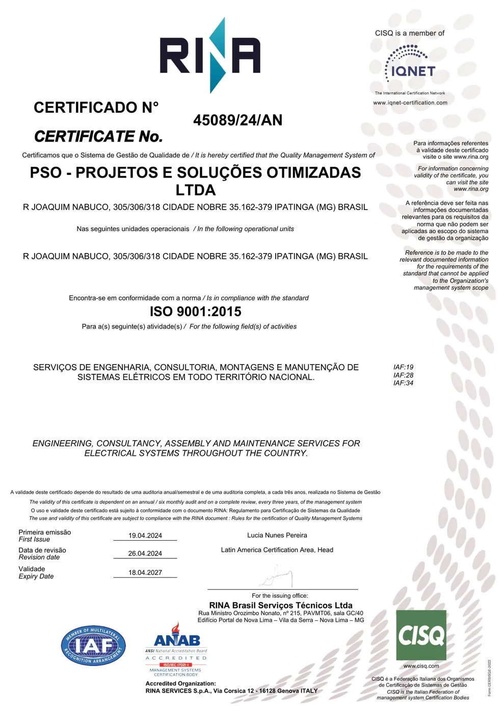 Certificado ISO 9001:2015 — RINA