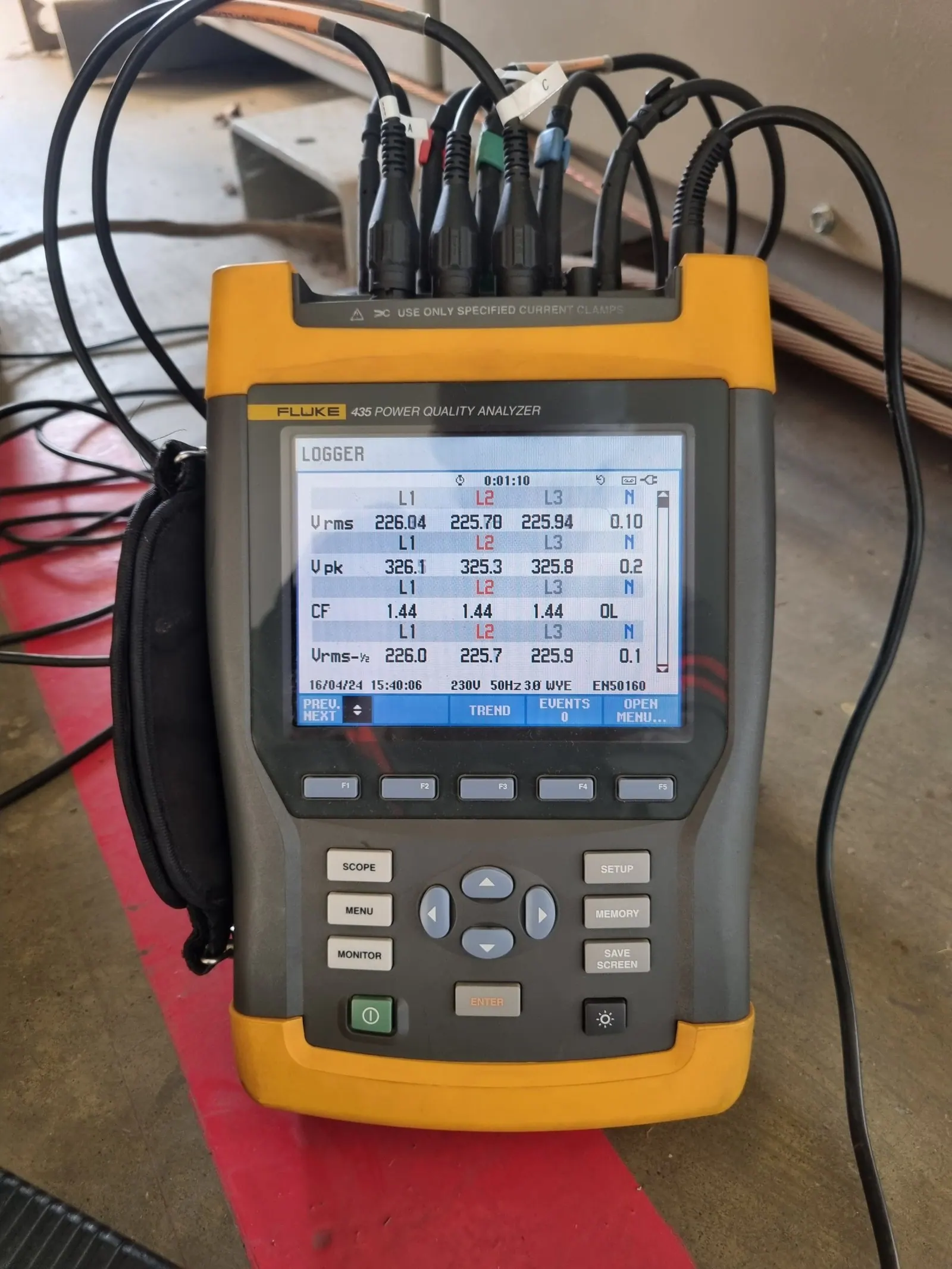 Analisador de qualidade de energia conectado a painel industrial durante campanha de medição