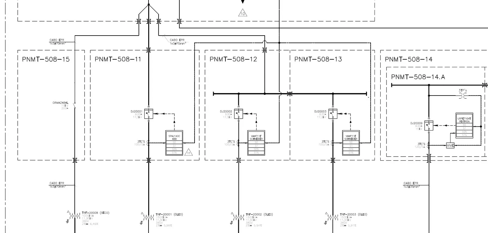 Diagrama unifilar de média tensão com cubículos, relés de proteção e transformadores