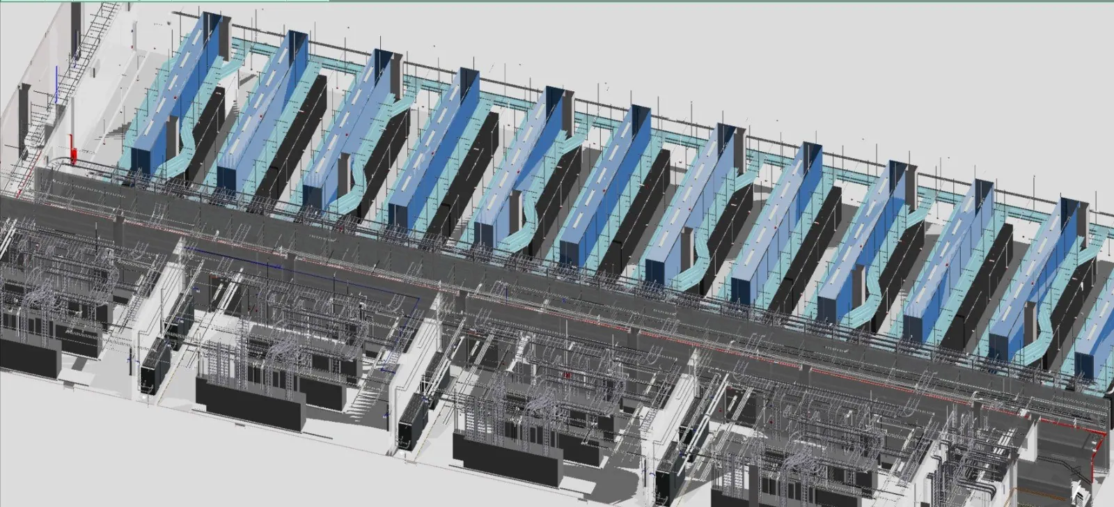 Rotas de eletrocalhas e leitos de cabos modeladas em 3D