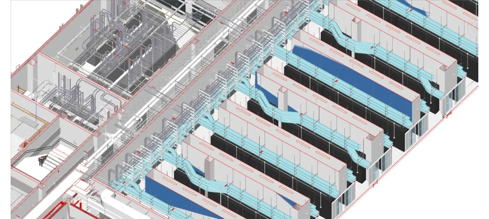 Modelo 3D de data hall com rotas de cabos, eletrocalhas e climatização